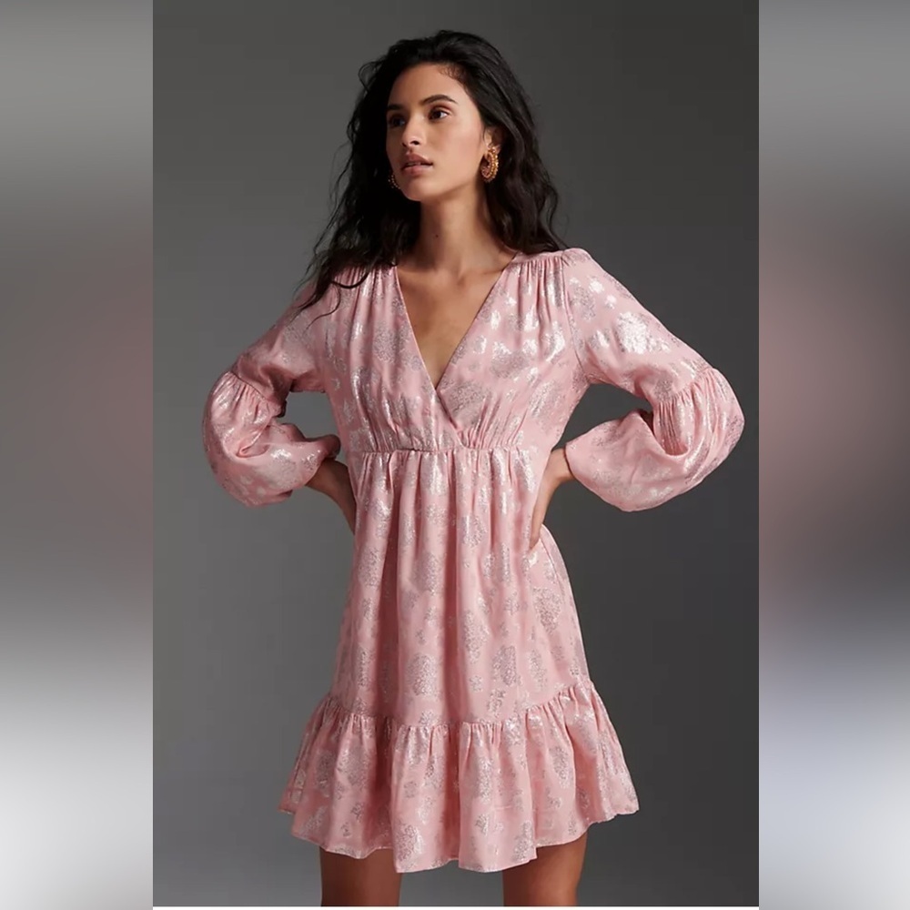 Anthropologie Jolene Jacquard pink silver glitter mini dress‎ balloon sleeve